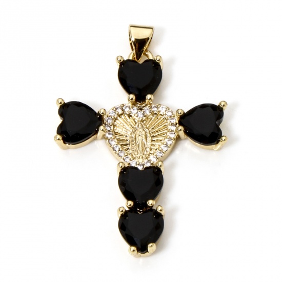 Immagine di 1 Pz Ecologico Ottone Religione Ciondoli Pendenti Croce 18K Vero Oro Placcato Vergine Maria Micro Spianare Trasparente Cubic Zirconiae Nero Strass 4cm x 2.7cm