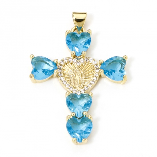 Immagine di 1 Pz Ecologico Ottone Religione Ciondoli Pendenti Croce 18K Vero Oro Placcato Vergine Maria Micro Spianare Trasparente Cubic Zirconiae Blu Strass 4cm x 2.7cm