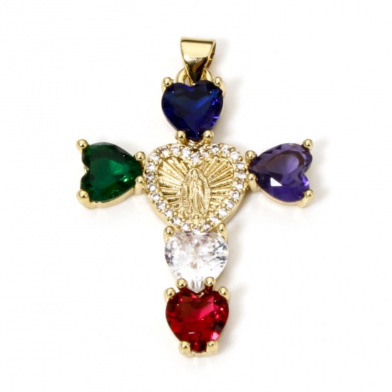 Immagine di 1 Pz Ecologico Ottone Religione Ciondoli Pendenti Croce 18K Vero Oro Placcato Vergine Maria Micro Spianare Trasparente Cubic Zirconiae Multicolore Strass 4cm x 2.7cm