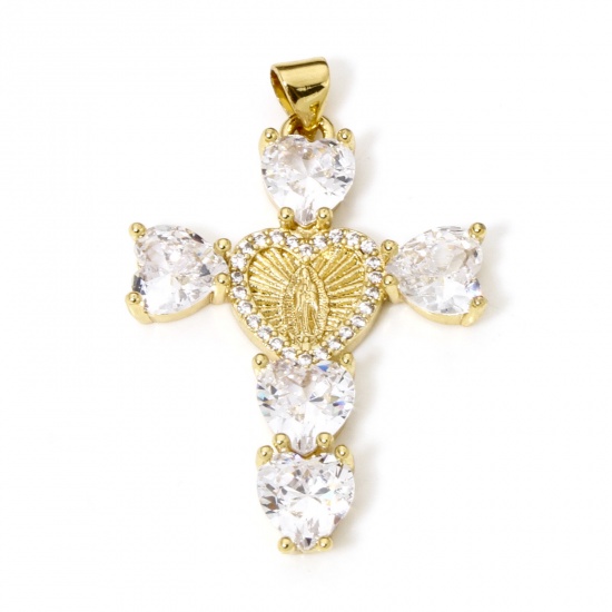 Immagine di 1 Pz Ecologico Ottone Religione Ciondoli Pendenti Croce 18K Vero Oro Placcato Vergine Maria Micro Spianare Trasparente Cubic Zirconiae Trasparente Strass 4cm x 2.7cm