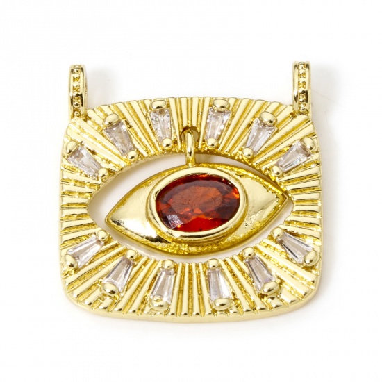 Picture of 1 Piece Eco-friendly Brass Religious Charms Rectangle Eye 18K Real Gold Plated Micro Pave Orange-red Rhinestone Clear Cubic Zirconia 23mm x 22mm