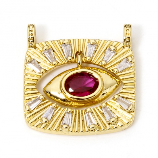 Picture of 1 Piece Eco-friendly Brass Religious Charms Rectangle Eye 18K Real Gold Plated Micro Pave Red Rhinestone Clear Cubic Zirconia 23mm x 22mm