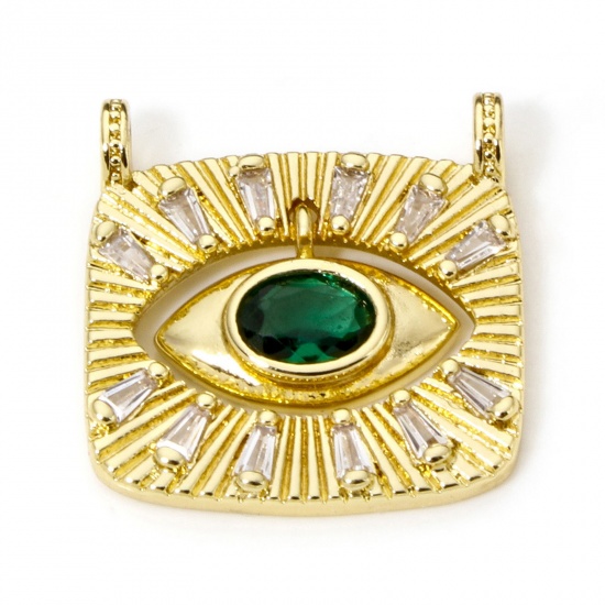 Picture of 1 Piece Eco-friendly Brass Religious Charms Rectangle Eye 18K Real Gold Plated Micro Pave Green Rhinestone Clear Cubic Zirconia 23mm x 22mm