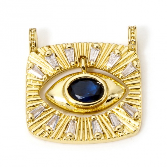 Picture of 1 Piece Eco-friendly Brass Religious Charms Rectangle Eye 18K Real Gold Plated Micro Pave Dark Blue Rhinestone Clear Cubic Zirconia 23mm x 22mm