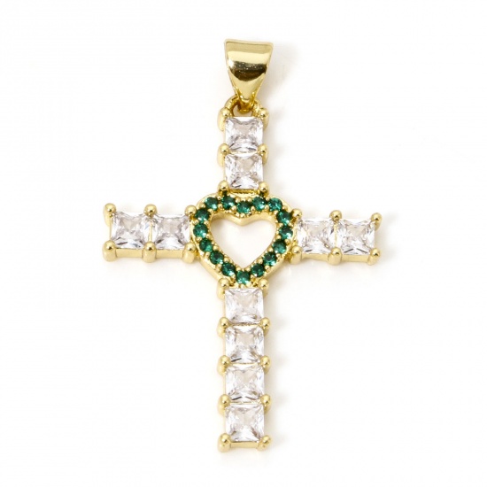 Picture of 1 Piece Eco-friendly Brass Religious Pendants 18K Real Gold Plated Cross Heart Micro Pave Green Cubic Zirconia Clear Rhinestone 3.5cm x 2.3cm