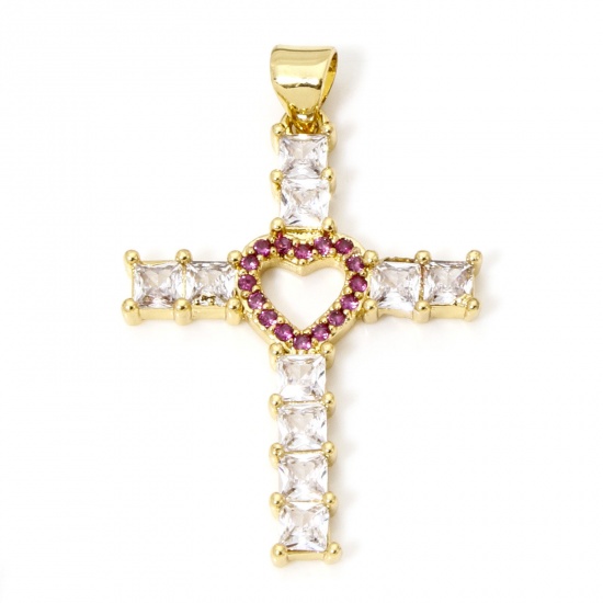 Picture of 1 Piece Eco-friendly Brass Religious Pendants 18K Real Gold Plated Cross Heart Micro Pave Fuchsia Cubic Zirconia Clear Rhinestone 3.5cm x 2.3cm