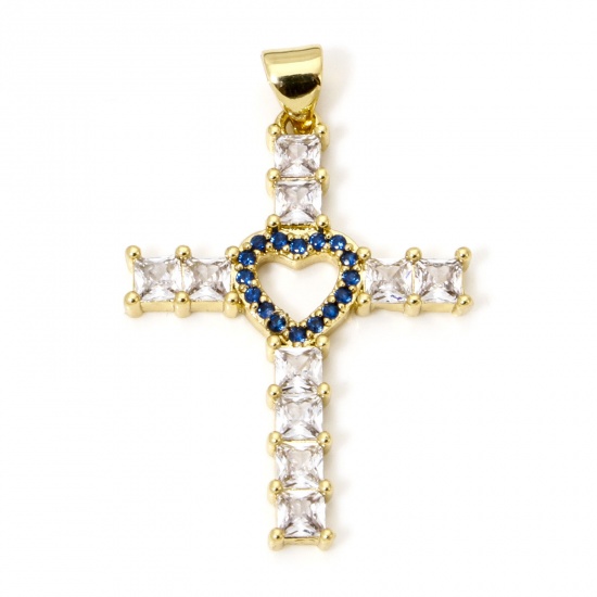 Picture of 1 Piece Eco-friendly Brass Religious Pendants 18K Real Gold Plated Cross Heart Micro Pave Deep Blue Cubic Zirconia Clear Rhinestone 3.5cm x 2.3cm