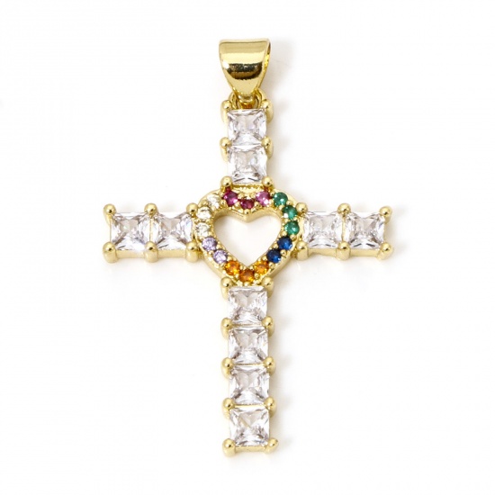 Picture of 1 Piece Eco-friendly Brass Religious Pendants 18K Real Gold Plated Cross Heart Micro Pave Multicolour Cubic Zirconia Clear Rhinestone 3.5cm x 2.3cm