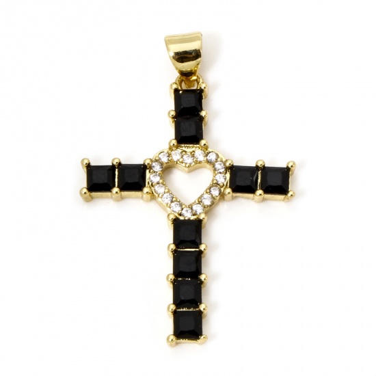 Picture of 1 Piece Eco-friendly Brass Religious Pendants 18K Real Gold Plated Cross Heart Micro Pave Clear Cubic Zirconia Black Rhinestone 3.5cm x 2.3cm