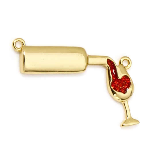 Picture of 1 Piece Eco-friendly Brass Connectors Charms Pendants Wine Glass 18K Real Gold Plated Red Enamel 27mm x 14mm