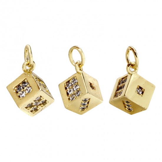 Imagen de 1 Unidad Respetuoso del Medio Ambiente Latón Colgantes Dados 18K Oro Real Chapado 3D Claro Circón Artificial 16mm x 9mm