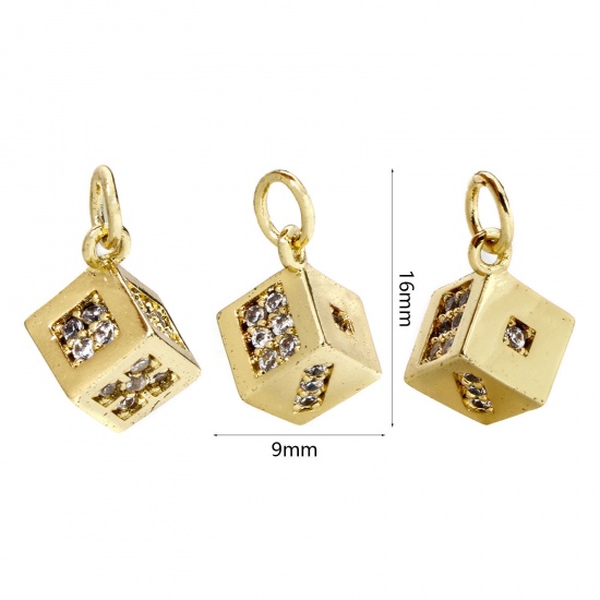 Imagen de 1 Unidad Respetuoso del Medio Ambiente Latón Colgantes Dados 18K Oro Real Chapado 3D Claro Circón Artificial 16mm x 9mm