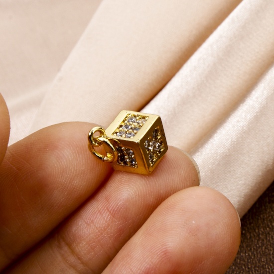 Imagen de 1 Unidad Respetuoso del Medio Ambiente Latón Colgantes Dados 18K Oro Real Chapado 3D Claro Circón Artificial 16mm x 9mm