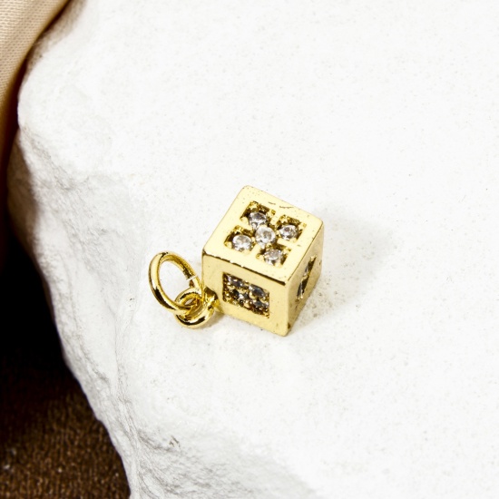 Imagen de 1 Unidad Respetuoso del Medio Ambiente Latón Colgantes Dados 18K Oro Real Chapado 3D Claro Circón Artificial 16mm x 9mm