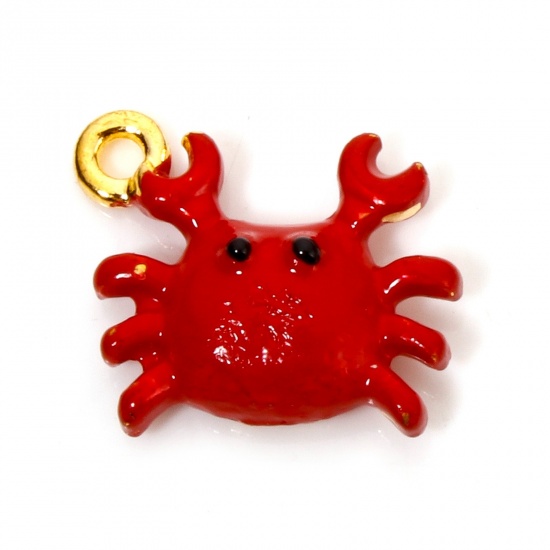 Picture of 10 PCs Zinc Based Alloy Ocean Jewelry Charms Gold Plated Red Crab Animal Enamel 3D 15mm x 13mm