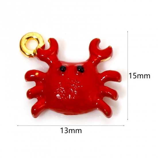 Picture of 10 PCs Zinc Based Alloy Ocean Jewelry Charms Gold Plated Red Crab Animal Enamel 3D 15mm x 13mm