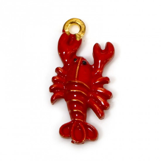 Picture of 10 PCs Zinc Based Alloy Ocean Jewelry Charms Gold Plated Red Lobster Enamel 3D 21mm x 10mm