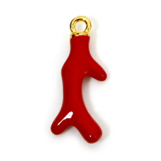 Picture of 10 PCs Zinc Based Alloy Ocean Jewelry Charms Gold Plated Red Coral Enamel 3D 26mm x 10.5mm