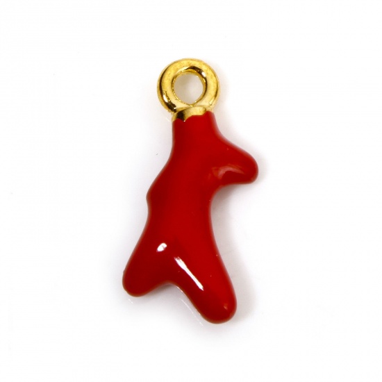 Picture of 10 PCs Zinc Based Alloy Ocean Jewelry Charms Gold Plated Red Coral Enamel 3D 19mm x 10mm