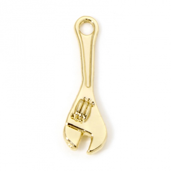 Picture of 10 PCs Eco-friendly Zinc Based Alloy Charms 18K Real Gold Plated Wrench Tools 3D 24.5mm x 7mm