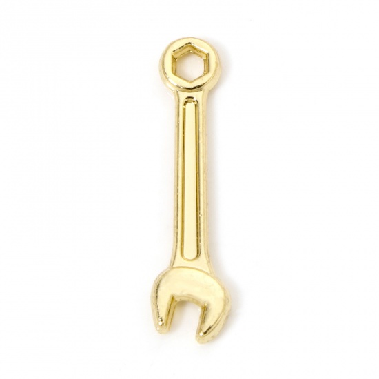 Picture of 10 PCs Eco-friendly Zinc Based Alloy Charms 18K Real Gold Plated Wrench Tools 3D 24.5mm x 6mm