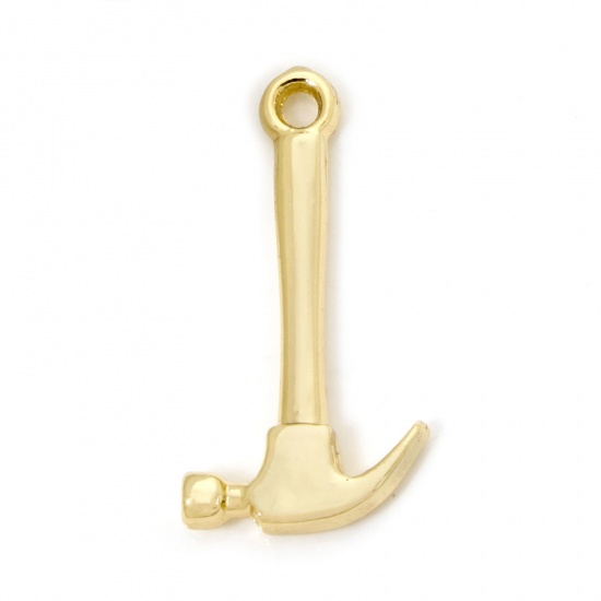 Picture of 10 PCs Eco-friendly Zinc Based Alloy Charms 18K Real Gold Plated Hammer Tools 3D 25.5mm x 13mm