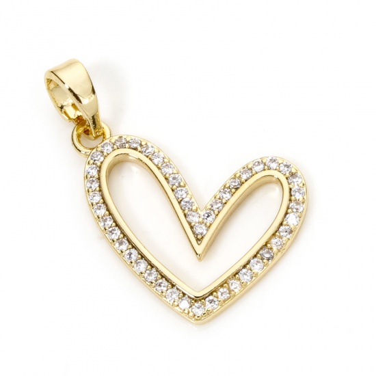 Immagine di 1 Pz Ottone San Valentino Ciondoli Pendenti Cuore Placcato Oro 18K Micro Spianare Trasparente Cubic Zirconiae 24mm x 14mm