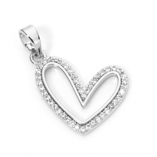 Immagine di 1 Pz Ottone San Valentino Ciondoli Pendenti Cuore Platino Placcato Micro Spianare Trasparente Cubic Zirconiae 24mm x 14mm