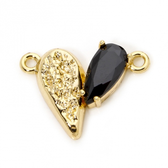 Picture of 1 Piece Brass Valentine's Day Connectors Charms Pendants 18K Real Gold Plated Heart Black Rhinestone 19mm x 14mm