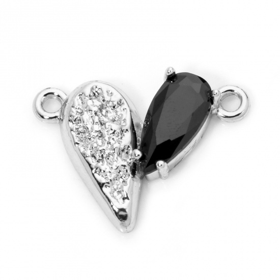 Picture of 1 Piece Brass Valentine's Day Connectors Charms Pendants Real Platinum Plated Heart Black Rhinestone 19mm x 14mm