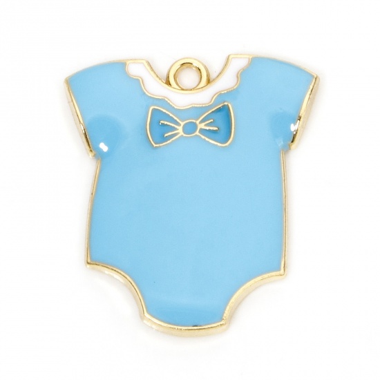 Picture of 10 PCs Zinc Based Alloy Baby Shower Charms Gold Plated Blue Baby Clothes Enamel 28mm x 25mm