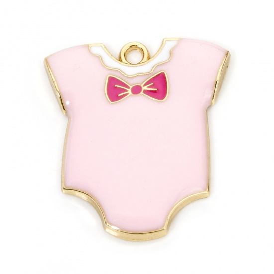 Picture of 10 PCs Zinc Based Alloy Baby Shower Charms Gold Plated Pink Baby Clothes Enamel 28mm x 25mm