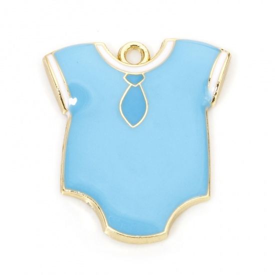 Picture of 10 PCs Zinc Based Alloy Baby Shower Charms Gold Plated Blue Baby Clothes Enamel 28mm x 25mm