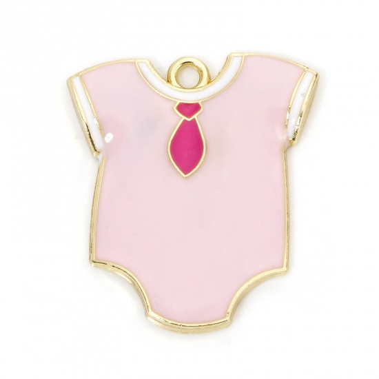 Picture of 10 PCs Zinc Based Alloy Baby Shower Charms Gold Plated Pink Baby Clothes Enamel 28mm x 25mm