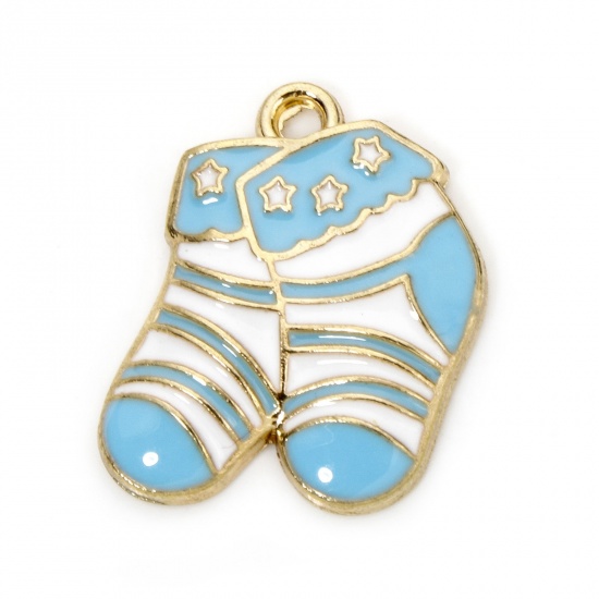 Picture of 10 PCs Zinc Based Alloy Baby Shower Charms Gold Plated Blue Sock Enamel 21mm x 18mm