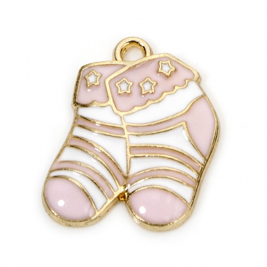 Picture of 10 PCs Zinc Based Alloy Baby Shower Charms Gold Plated Pink Sock Enamel 21mm x 18mm