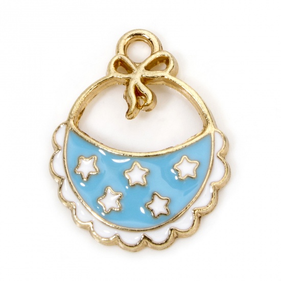 Picture of 10 PCs Zinc Based Alloy Baby Shower Charms Gold Plated Blue Baby Bib Enamel 20mm x 16mm