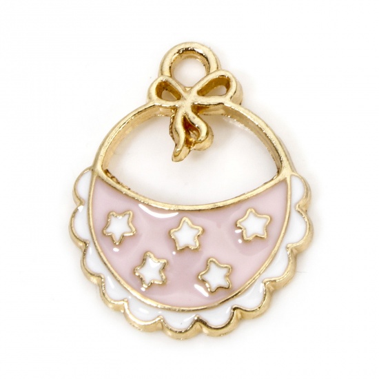 Picture of 10 PCs Zinc Based Alloy Baby Shower Charms Gold Plated Pink Baby Bib Enamel 20mm x 16mm