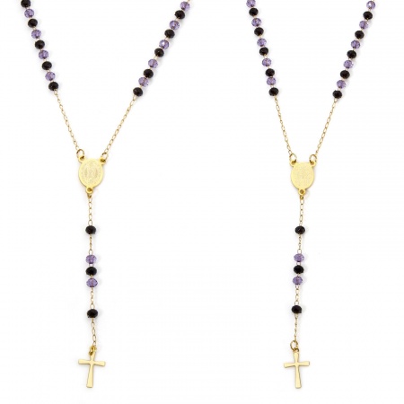 Picture of Wholesale Cross Virgin Mary Purple Prayer Beads Rosary Necklace, Gold Plated 304 Stainless Steel Women's Religious Gift Jewelry For Retailer, 52cm(20.5") long, 1 Piece