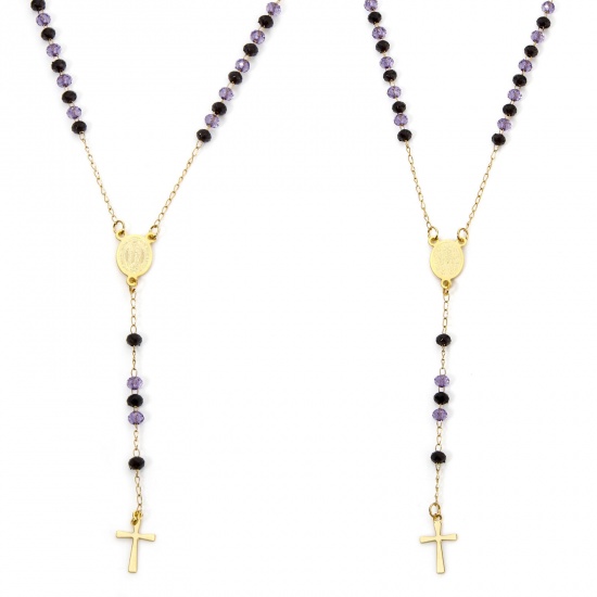 Immagine di 1 Pz 304 Acciaio Inossidabile Religione Collana con Rosario con Perline di Preghiera Oro Placcato Colore Viola Croce Vergine Maria 52cm Lunghezza