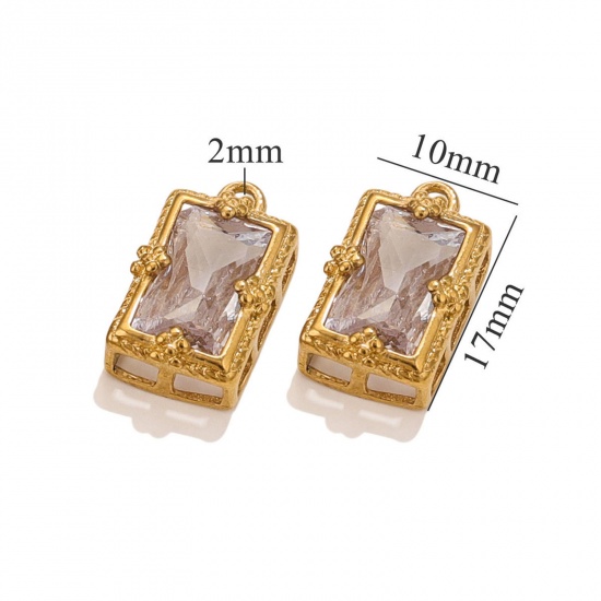 Immagine di 1 Pz Placcatura Sottovuoto 304 Acciaio Inossidabile Ciondoli Rettangolo Placcato Oro 18K Trasparente Cubic Zirconiae 17mm x 10mm