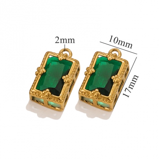 Immagine di 1 Pz Placcatura Sottovuoto 304 Acciaio Inossidabile Ciondoli Rettangolo Placcato Oro 18K Verde Scuro Cubic Zirconiae 17mm x 10mm