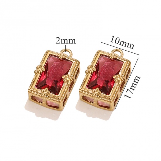 Immagine di 1 Pz Placcatura Sottovuoto 304 Acciaio Inossidabile Ciondoli Rettangolo Placcato Oro 18K Vino Rosso Cubic Zirconiae 17mm x 10mm