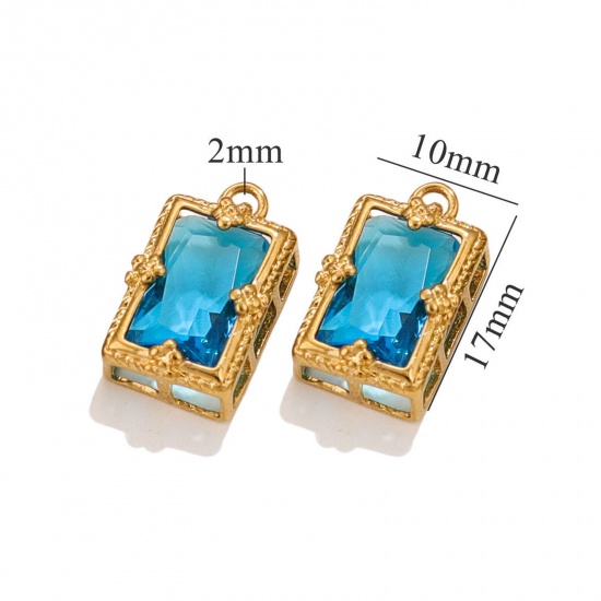 Immagine di 1 Pz Placcatura Sottovuoto 304 Acciaio Inossidabile Ciondoli Rettangolo Placcato Oro 18K Azzurro Cubic Zirconiae 17mm x 10mm