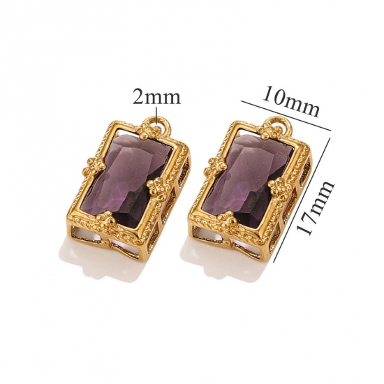 Immagine di 1 Pz Placcatura Sottovuoto 304 Acciaio Inossidabile Ciondoli Rettangolo Placcato Oro 18K Viola Cubic Zirconiae 17mm x 10mm