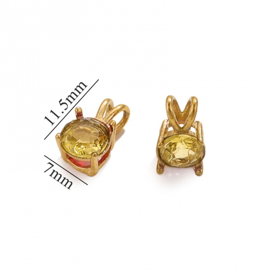 Picture of 1 Piece Vacuum Plating 304 Stainless Steel Charms 18K Gold Plated Round Yellow Cubic Zirconia 12mm x 7mm