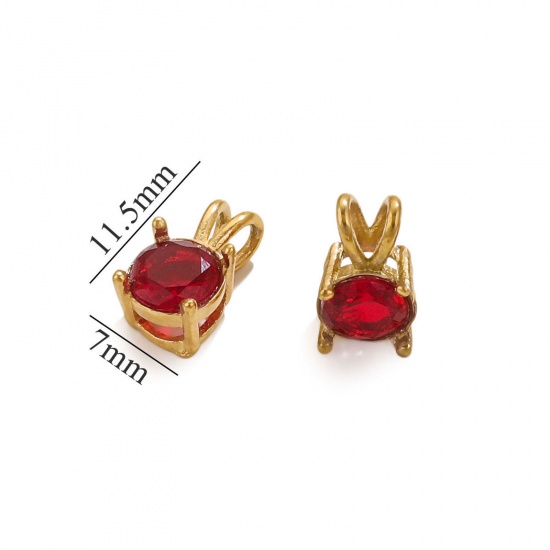 Picture of 1 Piece Vacuum Plating 304 Stainless Steel Charms 18K Gold Plated Round Red Cubic Zirconia 12mm x 7mm