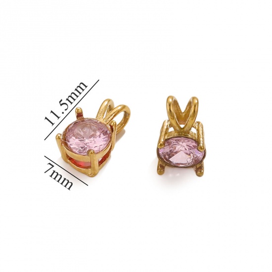 Picture of 1 Piece Vacuum Plating 304 Stainless Steel Charms 18K Gold Plated Round Pink Cubic Zirconia 12mm x 7mm