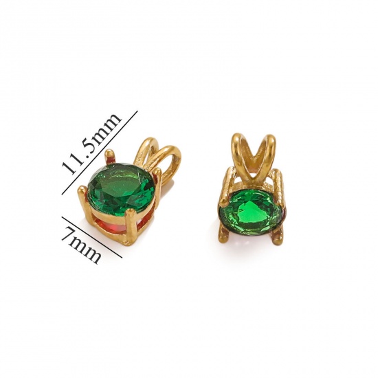 Picture of 1 Piece Vacuum Plating 304 Stainless Steel Charms 18K Gold Plated Round Green Cubic Zirconia 12mm x 7mm