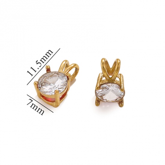 Picture of 1 Piece Vacuum Plating 304 Stainless Steel Charms 18K Gold Plated Round Clear Cubic Zirconia 12mm x 7mm